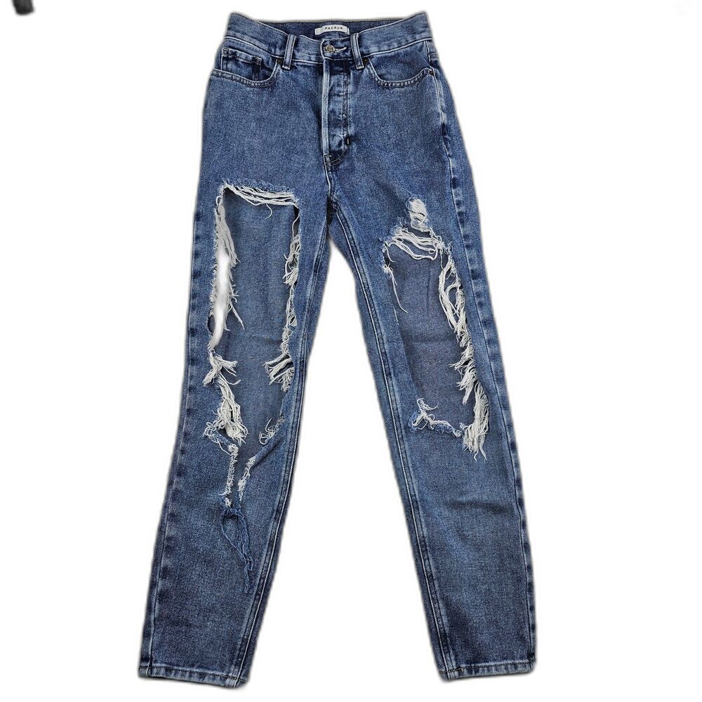PacSun Ultra High Rise Slim Jeans 24 Medium Wash Distressed Ripped Y2K